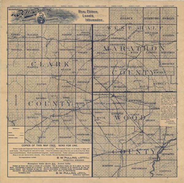 Map of Clark and Wood Counties with a portion of Marathon County, Wisconsin Map or Atlas