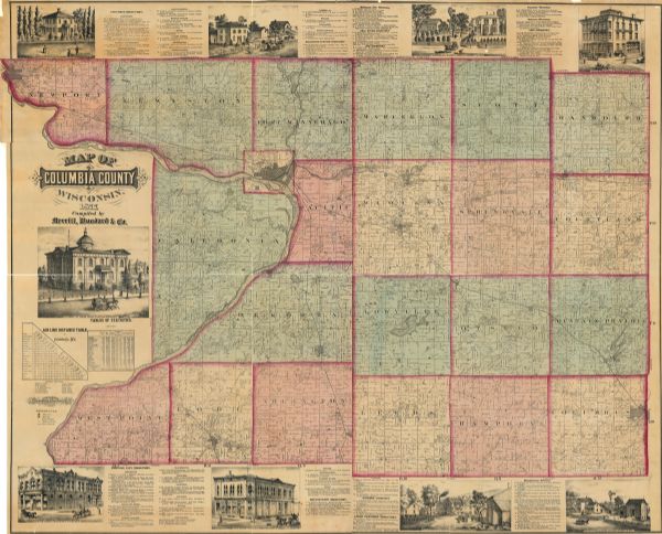 Shows land ownership by name, churches, schools, farm houses, wagon roads, railroads. Includes directory of businesses for Columbus, Portage, Doylestown, Wyocena, Leeds township, Arlington Station, Kilbourn, Fall River, Rio, Poynette, Dekorra, and Lodi, miscellaneous directory, airline distance table, tables of statistics, and illustrations.