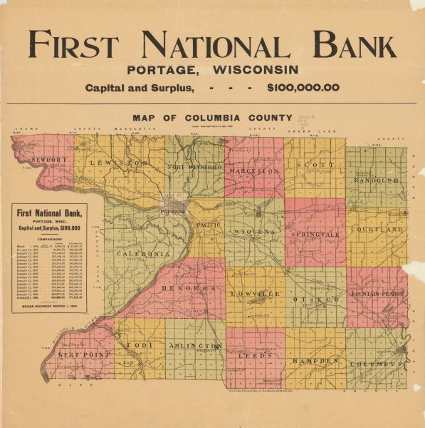 Shows railroads, roads, post offices, creeks, lakes, and cities.  Includes chart of deposits and total resources from the years 1890 to 1905.  "First National Bank, Portage, Wisconsin, capital and surplus, - - - $100,000."