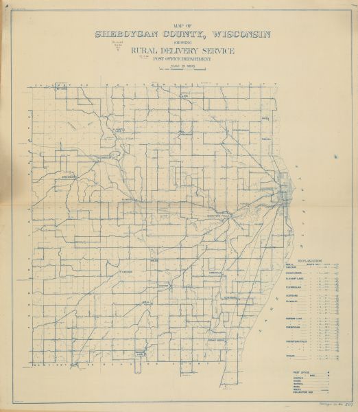 Shows routes, post offices, churches, houses, schools, roads, and collection boxes. "B. Oct. 11, 1911." Blue line print. "Sheboygan Co., Wis. 587."