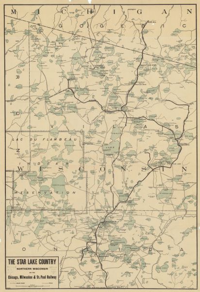 This 1909 map of northern Wisconsin and a portion of Michigan's Upper Peninsula shows the Lac du Flambeau Indian Reservation, cities and villages, railroads, wagon roads, trails, lakes and streams, and hotels, resorts, and cottages in Vilas, Iron, and Oneida counties in Wisconsin and Gogebic County, Michigan.