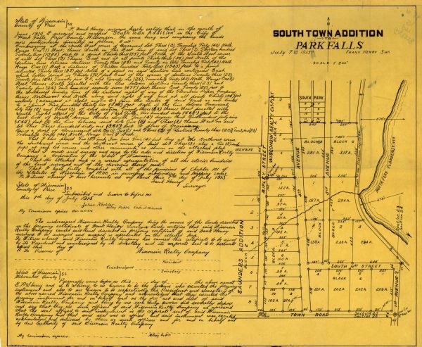 Ink on tracing cloth. Includes signed certifications from the surveyor, notary public, and Wisconsin Realty Company. From the E.P. Sherry papers relating to lumbering in the Flambeau flowage.