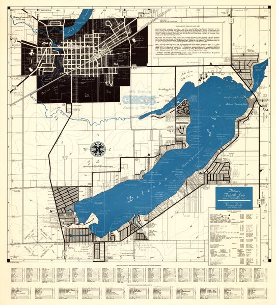 This 1966 map shows topography, roads, highways, golf courses, government buildings, and businesses around Delavan Lake in Walworth County, Wisconsin. Included are indexes to streets and roads and to subdivisions in Delavan and Delavan Lake and a table of general information on emergency services, public services, industries, churches, and schools in the area.