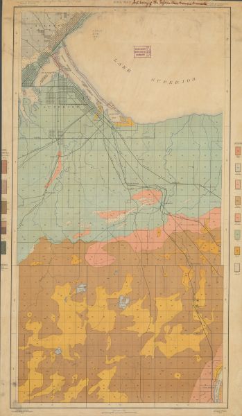 This 1904 map from the U.S. Dept. of Agriculture's Bureau of Soils shows the soil types in north-central Douglas County, Wisconsin, and Duluth, Minnesota. The township and range grid, towns, sections, cities and villages, roads, railroads, and lakes, streams and wetlands are depicted. Soil types are shown by colors and symbols.