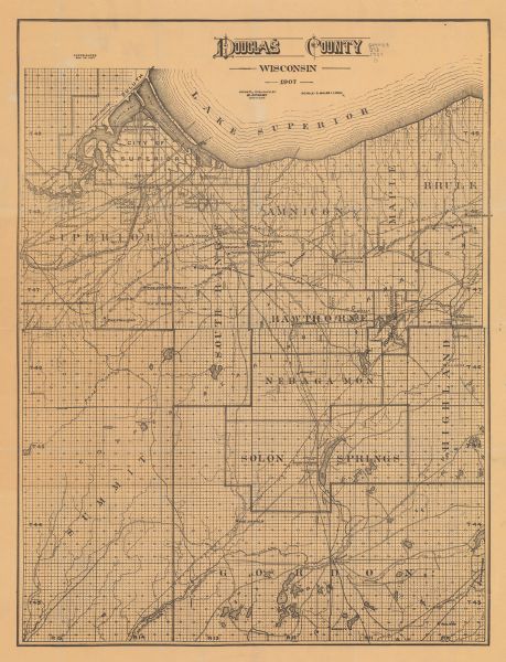 Relief shown by hachures. Shows roads, railroads, schools, post offices, rivers, and lakes of Douglas County, and portions of Minnesota and Lake Superior. "Copyrighted Nov. 26, 1907."