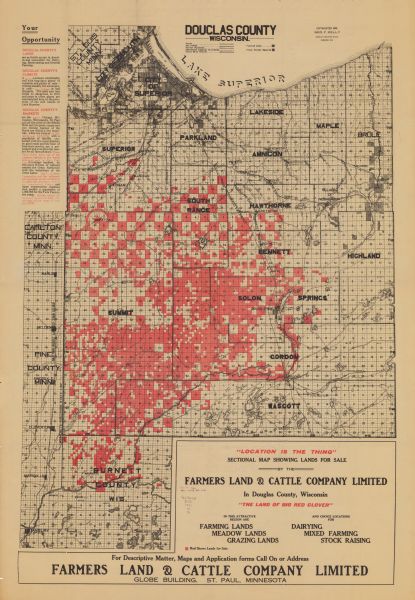Shows roads, railroads, street railways, abandoned logging railroads, rural mail routes, platted land, state forest reserves, and parts of Burnett County, Wisconsin, Pine County, Carlton County, and St. Louis County, Minnesota.  "Sectional map showing lands for sale by the Farmers Land & Cattle Company, Limited... Red shows lands for sale."  Includes text in left margin.  "Copyrighted 1911."  Includes manuscript annotations.