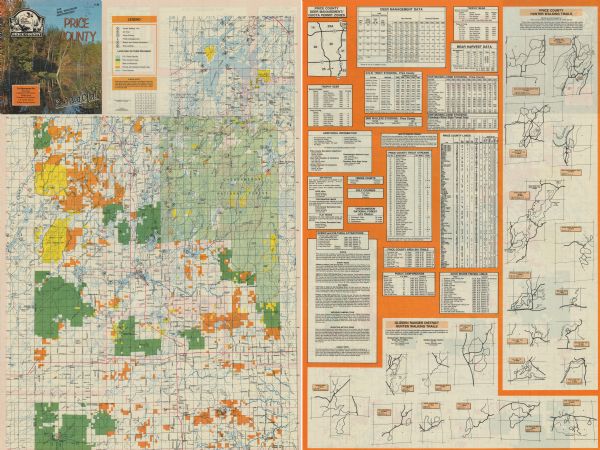 This late 1980s map of Price County, Wisconsin, shows facilities and lands open for public recreation, hunter walking trails and ski trails, campgrounds, boat landings, scenic and cultural attractions, highways and roads, cities and towns, and lakes and streams. The verso incluces 21 hunting trail maps, a Price County deer management/quota zones map, and information tables about hunting, fishing, and cultural and recreational attractions.