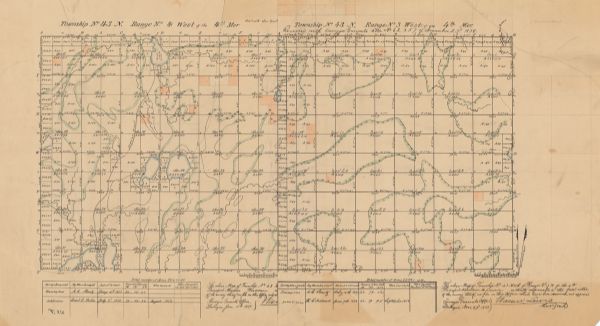 Shows acreages and swamps in a portion of Gordon township, Ashland County, Wis. Originally published as two maps. Township lines surveyed by A.C. Stuntz ; subdivisions surveyed by Danl. E. Norton and H.C. Fellows, 1858.  "Jan. 11th, 1859" and "Novr. 23rd, 1858."  From the E.P. Sherry papers relating to lumbering in the Flambeau flowage.