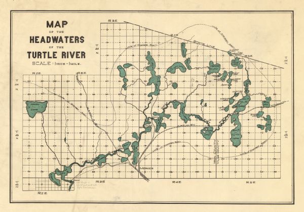 Shows limits of drainage basin, dams, rapids, roads, and railroads in parts of Iron and Vilas Counties, Wisconsin. From the E.P. Sherry papers relating to lumbering in the Flambeau flowage.