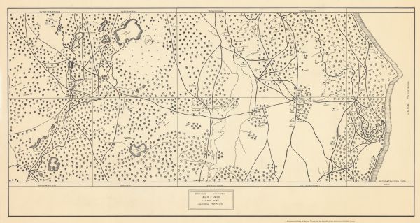This map shows settlers, Indian trails, roads, marshes, and forests as they appeared in 1800-1840. "A bicentennial map of Racine County for the benefit of the Nicholson Wildlife Center."