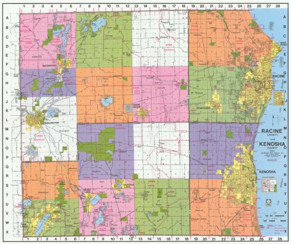 This 1987 map of Racine and Kenosha counties, Wisconsin, shows towns, sections, cities and villages, zip code boundaries, highways and roads, bicycle routes, lakes and streams, and parks, wildlife areas, and airports. Insets are provide for downtown Racine and downtown Kenosha.