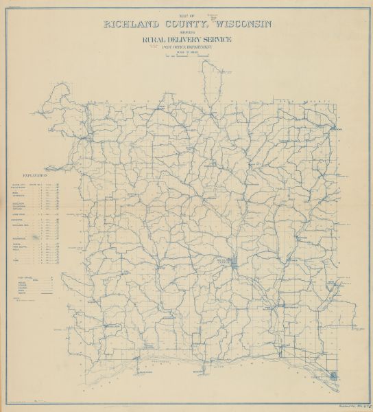 This 1911 map from the U.S. Post Office Department shows rural delivery routes, active and discontinued post offices, selected rural landowners and houses, churches, schools, roads, railroads, sections, cities and villages, and lakes and streams in Richland County, Wisconsin.