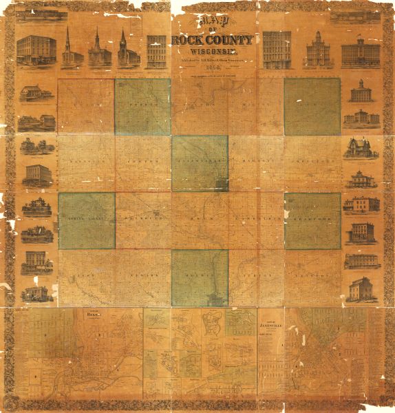 This 1858 map of Rock County, Wisconsin, shows the township and range grid, towns, sections, cities and villages, railroads, roads, property owners and residences, churches, schools, mills, meadows, timber, and lakes and streams. Illustrations of residences, businesses, and other buildings are printed in the margins. Inset maps and business directories are provided for Beloit, Emerald Grove, Johnstown Centre, Edgerton, Fulton, Bass Creek, Union, Footville, Waucoma, Clinton, Milton, Afton, Orford, Shopiere, Johnstown, Evansville, and Janesville.