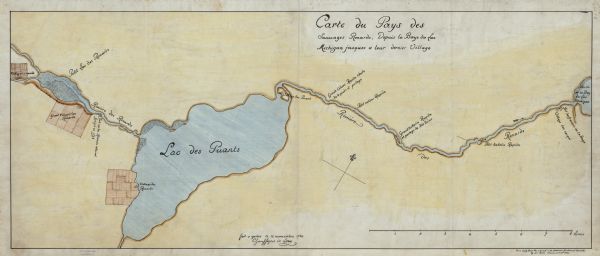 This hand-colored map is a 1911 copy of a map drawn by Gaspard-Joseph Chaussegros de Léry in 1730 showing the Fox River from its mouth at Green Bay to Lake Butte des Mortes, here labeled Petit Lac des Renards, in Winnebago County. Indian villages, rapids, and the French fort at Green Bay are indicated. The Fox River is labeled Rivière des Renards and Lake Winnebago is labeled Lac des Puants.