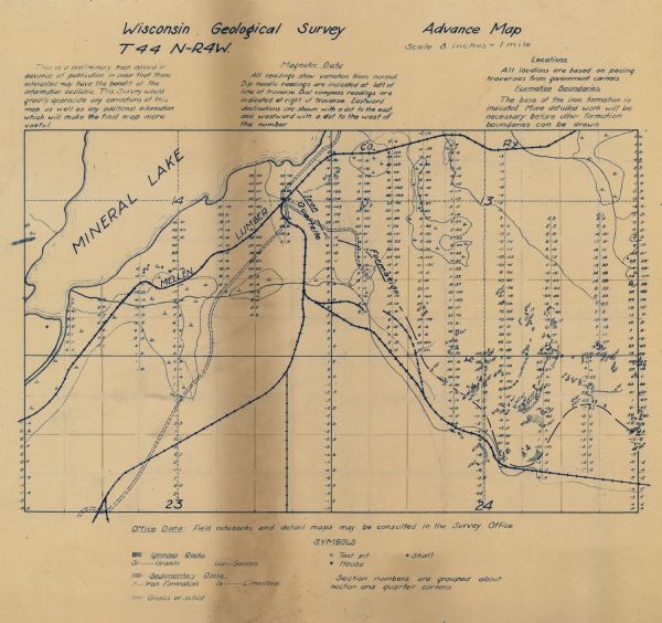 Shows geology, test pits, shafts, houses, and the Mellen Lumber Co. Ry. in Marengo township, Ashland County, Wisconsin. "This is a preliminary map issued in advance of publication ..." "Field notebooks and detail maps may be consulted in the Survey Office." From the E.P. Sherry papers relating to lumbering in the Flambeau flowage.
