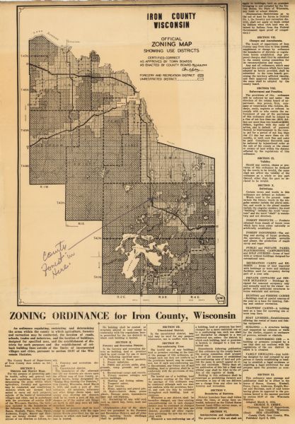 This 1934 zoning map of Iron County, Wisconsin, shows the township and range grid, towns, sections, roads, and lakes and streams. Forestry and recreation district lands and unrestricted district lands are identified and the text of the zoning ordinance is printed in the margins.