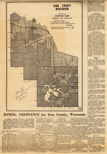 Iron County, Wisconsin : Official Zoning Map Showing Use Districts ...