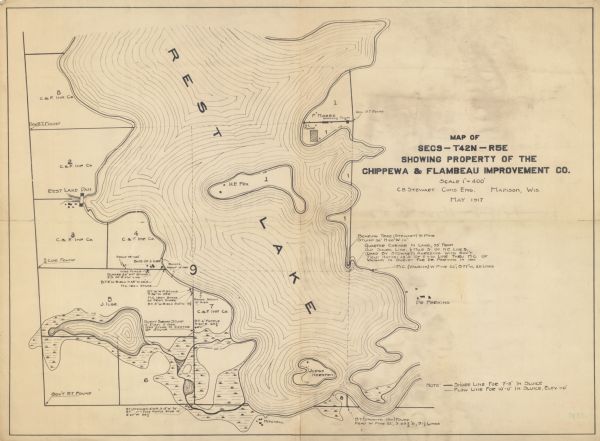 Shows landownership, buildings, and swamps around Rest Lake in Vilas County, Wisconsin. Relief shown by contours. "May 1917." From the E.P. Sherry papers relating to lumbering in the Flambeau flowage.