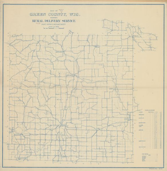 Shows roads, railroads, post offices, schools, houses, churches, and routes. Includes distant chart and explanation. "Price 35 cents"--Upper left margin. "March 14, 1911"--Lower left margin.