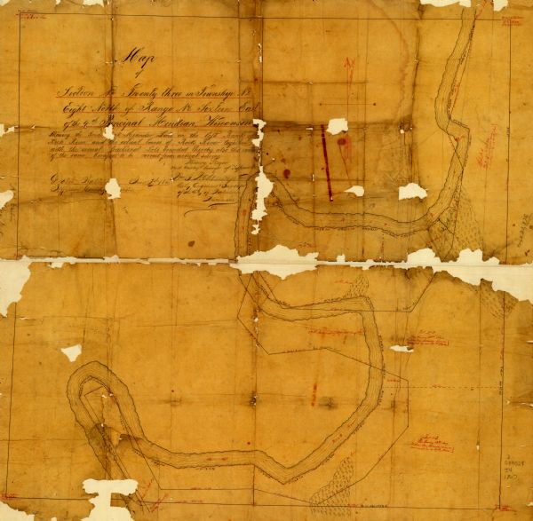 Pencil and ink on paper. "Showing the government meander line on the left bank of Rock River and the actual course of Rock River together with the several fractional lots bounded thereby also the contents of the same, certified to be correct from actual survey." "Dated Watertown, June 1st. 1860, Jefferson County, Wisconsin."