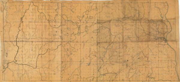 Map shows sections, trails, roads, and locations of ancient burial grounds, hills, groves, and settlers.  Printed in brown ink.