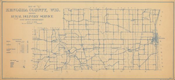 Map shows routes, post offices, churches, schools, houses, and roads on the rural delivery service route in blue lines. An explanation key appears on the left hand side. Bottom left reads: "December 15, 1910. E.W.V. 28, 4/1/12 -- 35, 5/16/12." Right corner reads: "Kenosha Co., Wis. 755".