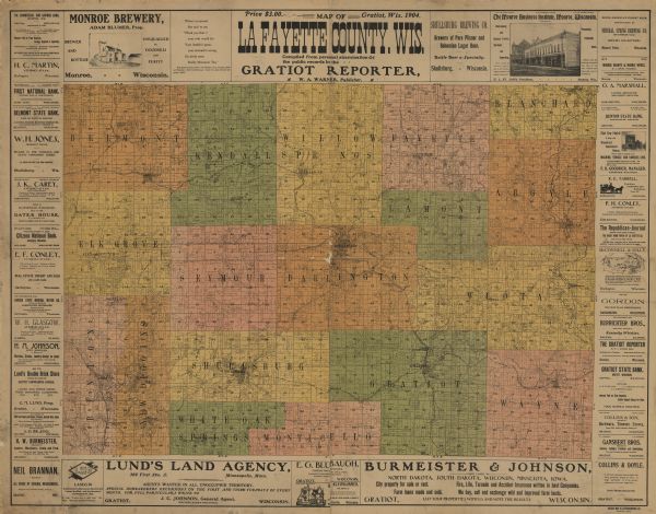Map shows townships and sections, landownership and acreages, roads, railroads, post offices, and farms. On the top, bottom, and sides of map are advertisements for local businesses and points of interest.