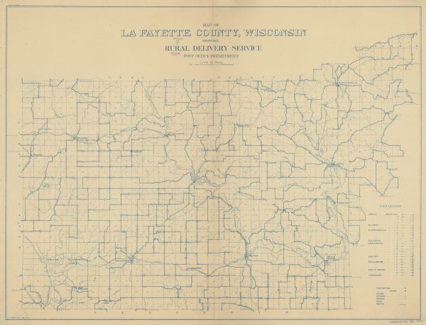 Map shows routes, post offices, houses, churches, schools, and roads of La Fayette County rural delivery service. The map margins read: "G. January 11, 1911. SO2, 5/1/12." "Lafayette Co., Wis. 353." Map lines are blue.
