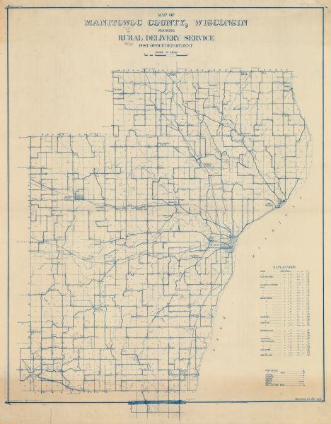 Shows routes, post offices, schools, churches, houses, roads, and collection boxes of the rural delivery service of Manitowoc County.  Bottom margins read: "A.C.H. February 10, 1911. CL., 9/16/11 -- T., 3/16/12." "Manitowoc Co., Wis. 423." Blue line print.