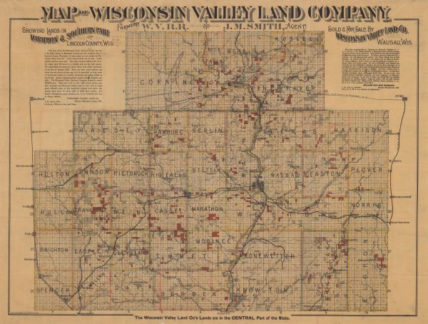 Map shows farms, schools, saw mills, townships, railroads, and roads.  Counties are labelled and are outlined in yellow and pink. On the upper right and left of the map are paragraphs of text about the company.