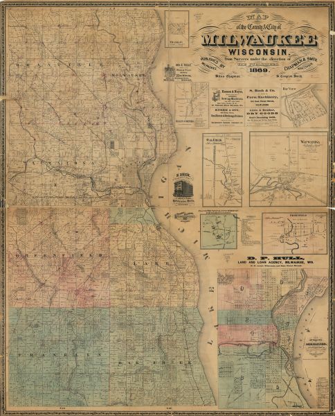 Map shows townships and sections, landownership and acreages, buildings, and marshes. The map includes insets of Franklin, Hales Corners, Bay View, Oak Creek, Wauwatosa, National Asylum Grounds for disabled soldiers, Greenfield, and the City of Milwaukee. Some sections are pink, yellow, green, and blue. The map also includes manuscript annotations.