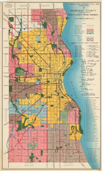 Color coded map in pink, yellow, blue, and brown of Milwaukee County State and County trunk highways. The map includes a legend of symbols: "STEAM RAIL ROAD, ELECTRIC CAR LINES, CORPORATE LIMITS, U.S. HIGHWAYS, STATE TRUNK HIGHWAYS, COUNTY TRUNK HIGHWAYS, CONNECTING STREETS" and "EXPRESSWAYS; PROPOSED, COUNTY, U.S. & STATE, INTERSTATE". The map includes lists of parks and members of the county board of supervisors and signatures of approval. The highways are in red, blue, grey, and brown.
