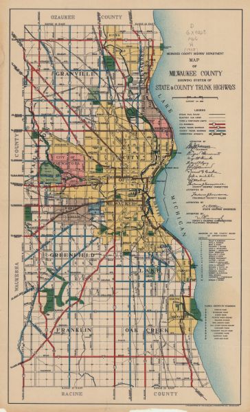 Color coded map in pink, yellow, blue, and brown of Milwaukee County State and County trunk highways. The map includes a legend of symbols: "STEAM RAIL ROAD, ELECTRIC CAR LINES, TOWN & CORPORATE LIMITS, U.S. HIGHWAYS, STATE TRUNK HIGHWAYS, COUNTY TRUNK HIGHWAYS, CONNECTING STREETS". The map includes lists of parks and members of the county board of supervisors and signatures of approval. The highways are in red, blue, black, and brown.