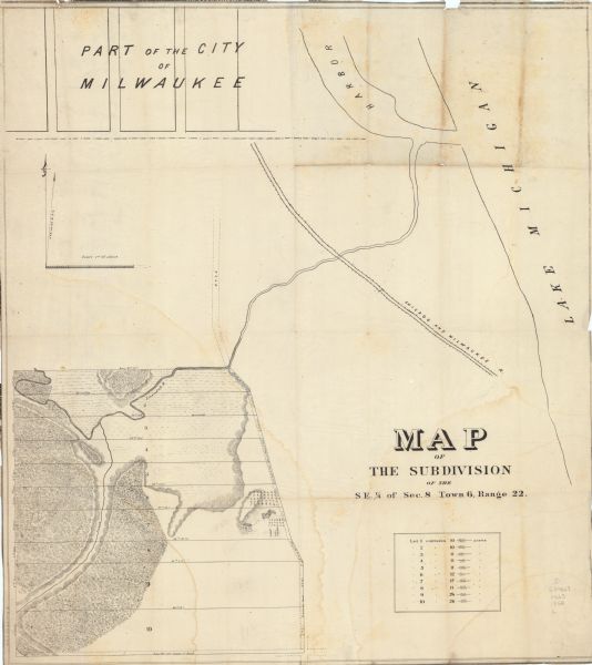 Map shows meadows, forests, buildings, railroad, and lots south of part of the city of Milwaukee. Relief shown by hachures. Includes list of lot acreages.