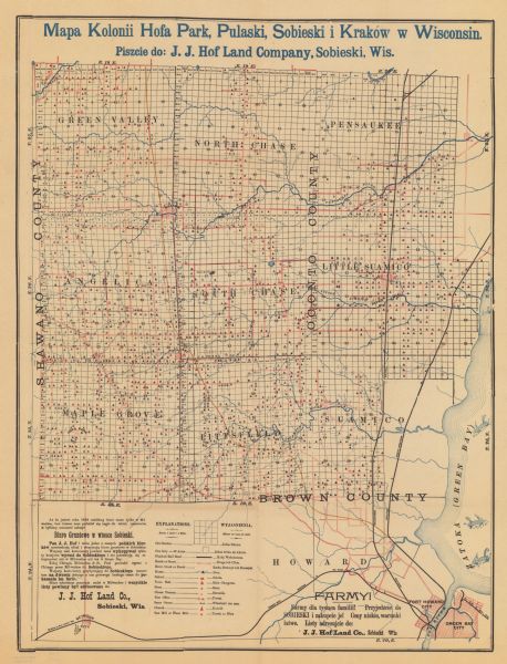 The map shows roads and railroads, houses, schools, town halls, and other points of interest in parts of Shawano, Oconto, and Brown counties. The lower left hand corner contains a legend with icons in red and blue. The map text is in Polish and the map legend is in English and Polish.