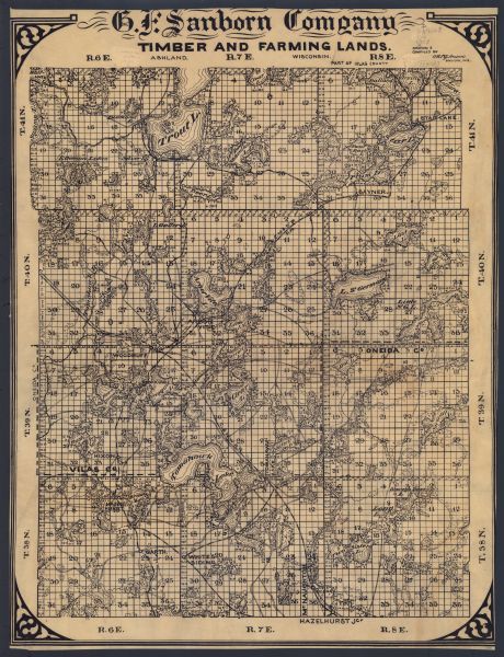 Title at top: "G.F. Sanborn Company Timber and Farming Lands." Map shows acreages, roads, railroads, and swamps in parts of Vilas and Oneida counties.