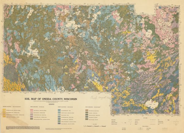 Map of soil in Oneida County. Bottom of the map includes a legend of soil; "SECOND CLASS SOILS GOOD TO FAIR FARM LAND" are represented in shades of yellow and orange, "THIRD CLASS SOILS FAIR FARM LAND" are represented in shades of pink, purple, and gray/brown, "FORTH CLASS SOILS POOR FARM LAND" are represented in shades of blue and green, and "FIFTH CLASS SOILS PASTURE OR FOREST" are represented in shades of brown and gray. The legend also includes symbols for landscape, boundaries, railroads, and highways. Relief shown by hachures. Bottom of the map reads: "Cartography by R.D. Sale, assisted by Rodney Helgeland, Bill Kuepper and Patrick Healy. Base from U.S.G.S. planimetric maps."