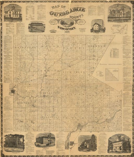 Map shows townships and sections, landownership and acreages, state and county lands, churches, schools, cemeteries, roads, and railroads. There is an inset maps of Green Bay and the Mississippi Canal. Includes business directories, illustrations of local buildings, table of statistics, and table of distances.