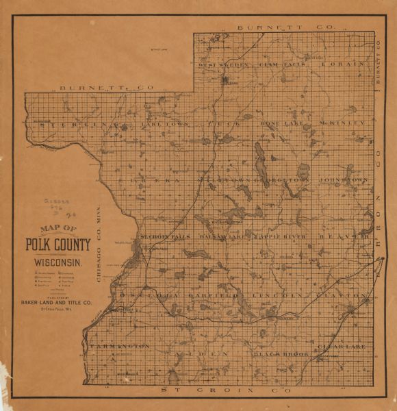 Map shows townships, schools, creameries, post offices, and roads. The left side of the map features a legend with symbols for points of interest.