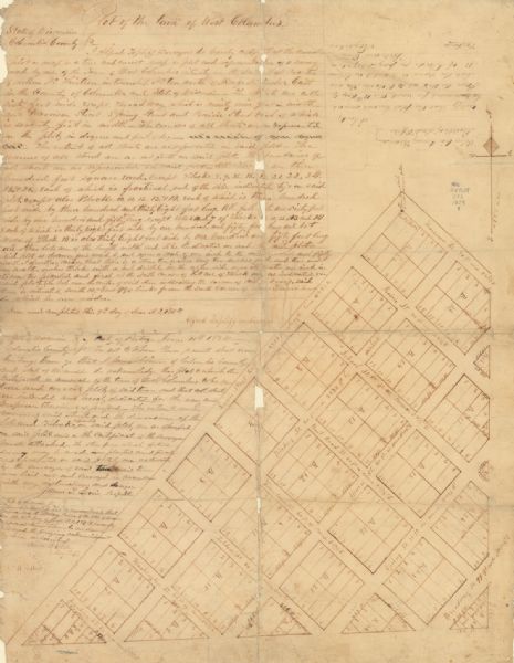 Register of the Deed Office filed by the land surveyor and lawyer Alfred Topliff. The document includes detailed listings of city blocks. In the right hand corner is a hand-drawn plat. Running northeast the blocks begin with "Lewis Street" and end with "Broadway Street." Running southwest the streets begin with "Harrison Street" and end with "Franklin Street." The document is also signed by the Columbia County Register of Deed Register, William Owen.