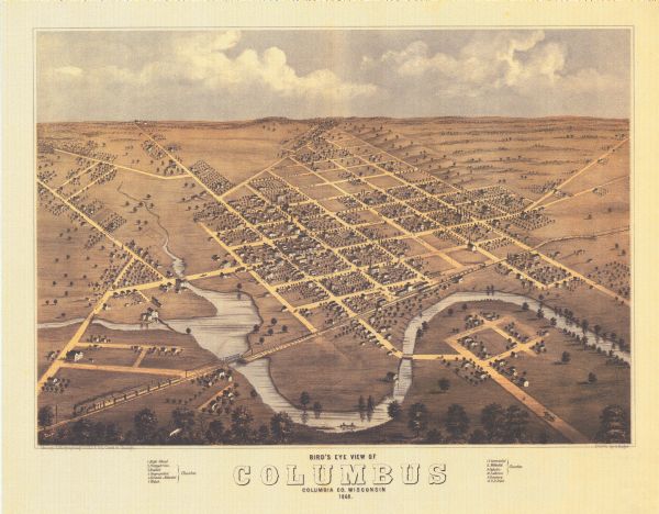 This 1868 birds-eye view depicts the buildings, streets, railroad, vegetation and topography of Columbus, Wisconsin. The high school, cemetery, railroad depot, and churches are identified.
