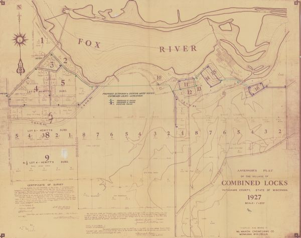 Shows landowner's lots, roads, railroads, and Fox River. Also includes certificate of survey text. Includes significant manuscript annotations depicting the proposed extension to existing water system of Combined Locks, Wisconsin; shows proposed 8" mains, proposed 6" mains, and existing mains. There is a compass in the upper left hand corner.
