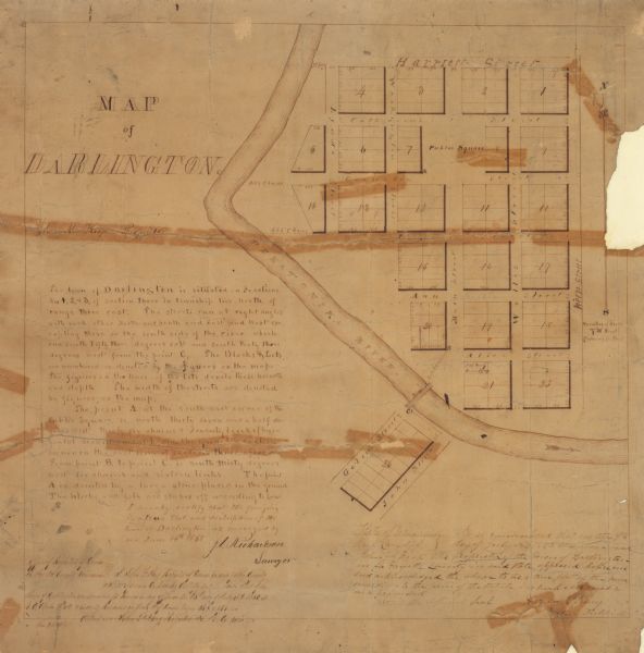 Ink on paper. Shows local streets and Pekatonika River. "John M. Keep, proprietor. "Original plat of Darlington as surveyed by Richardson on June 14, 1850. Bears signatures of surveyor, register of deeds, and notary public.Streets running east to west begin with "Harriett Street" and end with "Alice Street". Streets running north to south begin with "Lynde Street" and end with "Keep(?) Street".