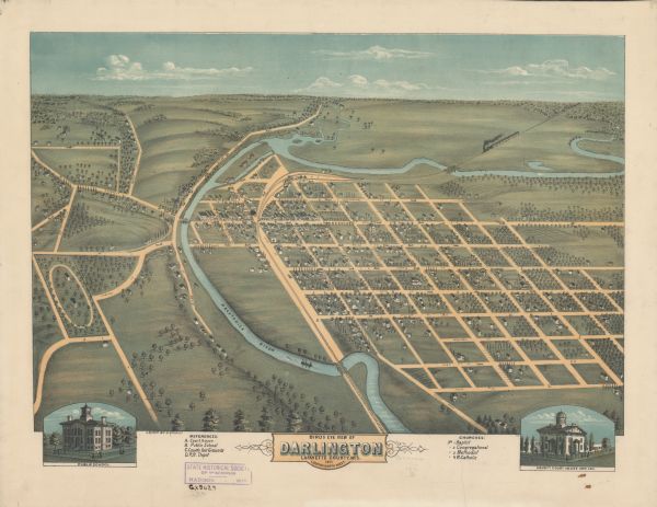 Darlington, county seat of Lafayette County, was established in the late 1840s, but didn't thrive until the arrival of the railroad in 1856. This view show the villages six years before it became incorporated.