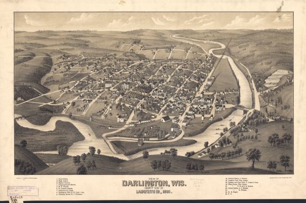 Darlington's first settlers arrived by 1826, attracted by the lead mines of the area. Arrival of the railroad in 1856 stimulated growth, and in 1857 the county seat was moved to Darlington from Shullsburg.