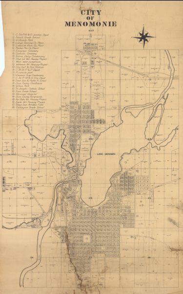 Shows lot and block numbers, 28 points of interest in the upper left that correspond to numbers on the map, and landownership with acreages. "Erickson Brothers, 1422 West Lake Street, Minneapolis 8, Minn." There is an envelope mounted on the back of the map. The map is irregularly shaped.