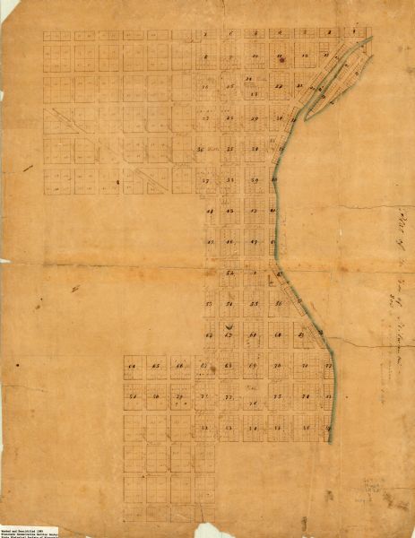 Plat map of Milwaukee. Pen-and-ink and watercolor on paper. Certifications on back side signed by several early settlers, as well as a justice of the peace and county clerk.