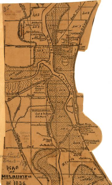 This map shows settlers houses and businesses, trails, and swamps. The relief is shown by hachures. The map includes illustrations of historical buildings and portraits. The map was originally published in The Sunday Sentinel on December 3, 1893, volume 20, number 5, part 3.