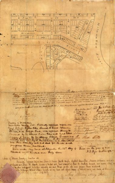Pen-and-ink on paper. Shows riverside property west of the Milwaukee River. Inscribed by several early Milwaukee settlers, including Henry W. Cleveland, Cyrus Leland, Onslow Peters, Samuel H. Graves, Solomon Juneau, and Morgan L. Martin. Includes inscriptions and signatures by the justice of the peace and a notary public for Milwaukee County.