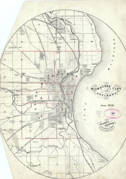 This map shows additions and subdivisions to Milwaukee, city wards, roads, railroads, and selected buildings. This map was engraved to accompany the city directory for 1858 and 1859.